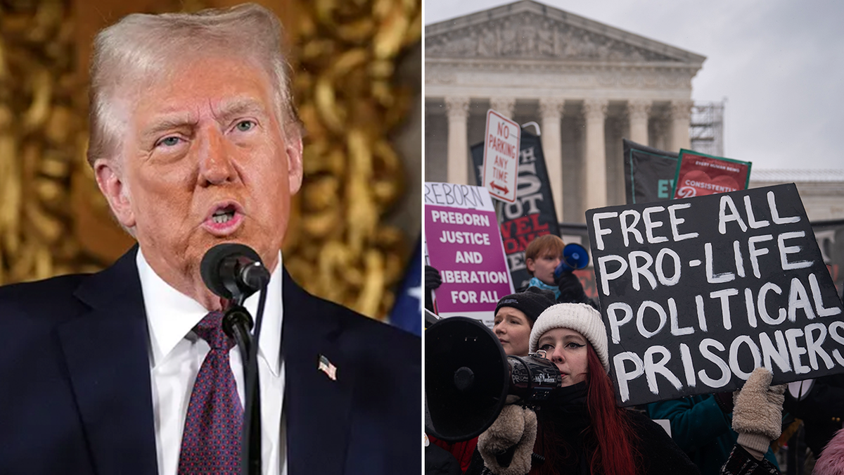 President Trump, left; right: protesters outside Supreme Court