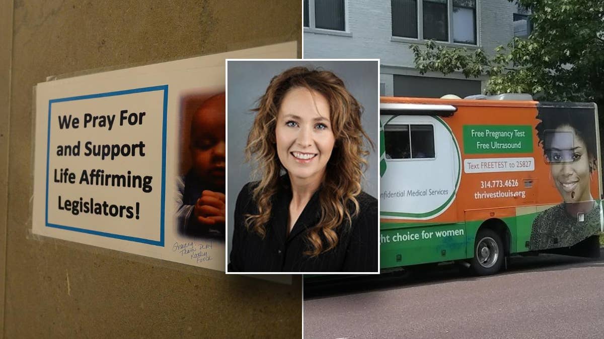 state lawmaker Jill Carter, center inset; pro-life sign, left; pregnancy clinic van, right