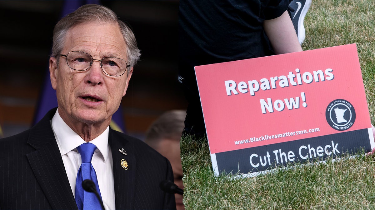 Brian Babin and a sign that says "Reparations Now!"