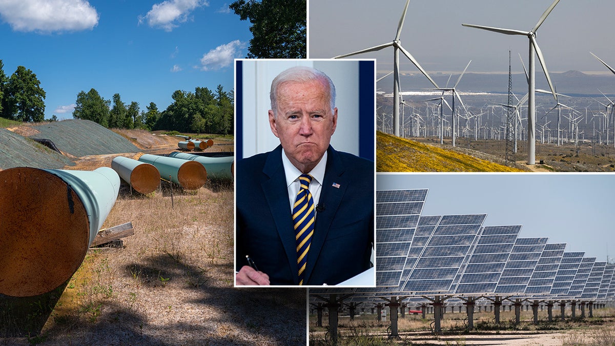 Biden inset center photo of photo collage with pipelines, windmills, solar panels