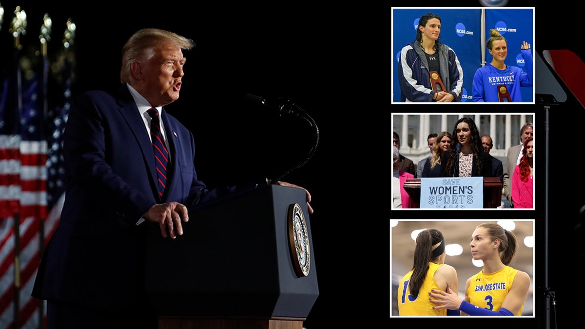 Trump in main image, with insets at right from top to bottom: Lia Thomas and Riley Gaines, Blaire Fleming, and Taylor Silverman