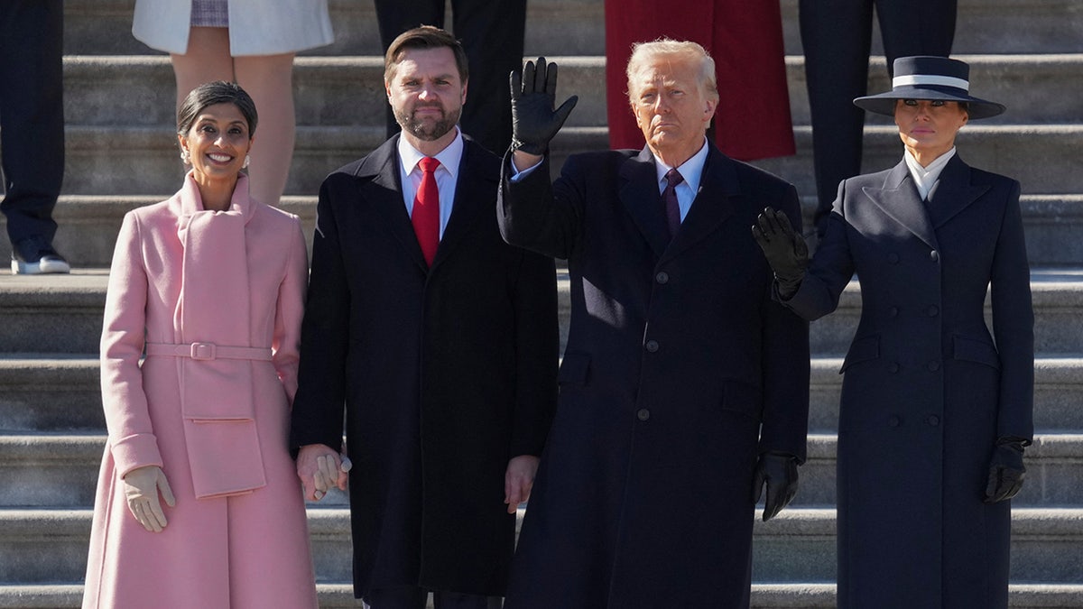 Second Lady Usha Vance, Vice President JD Vance, President Donald Trump and First Lady Melania Trump participate in the departure ceremony for outgoing United States President Joe Biden and first lady Dr. Jill Biden