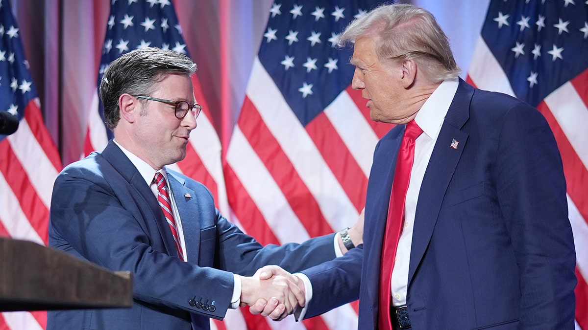 House Speaker Mike Johnson and President-elect Donald Trump shake hands