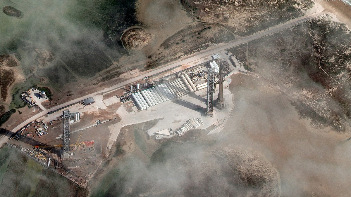 Overview of the Starbase and Space X's Starship on the launch pad, in Boca Chica, Texas