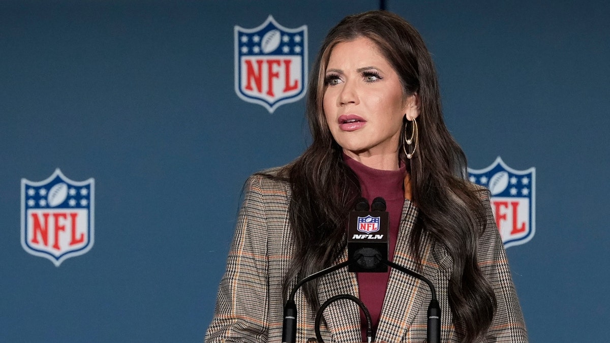 Secretary of Homeland Security Kristi Noem speaks during a news conference Monday, Feb. 3, 2025, about security for the upcoming Super Bowl to be played Sunday, Feb. 9th, in New Orleans.