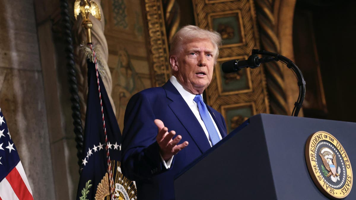 President Donald Trump speaks at Mar-a-Lago in Palm Beach, Florida, on Tuesday, Feb. 18, 2025.