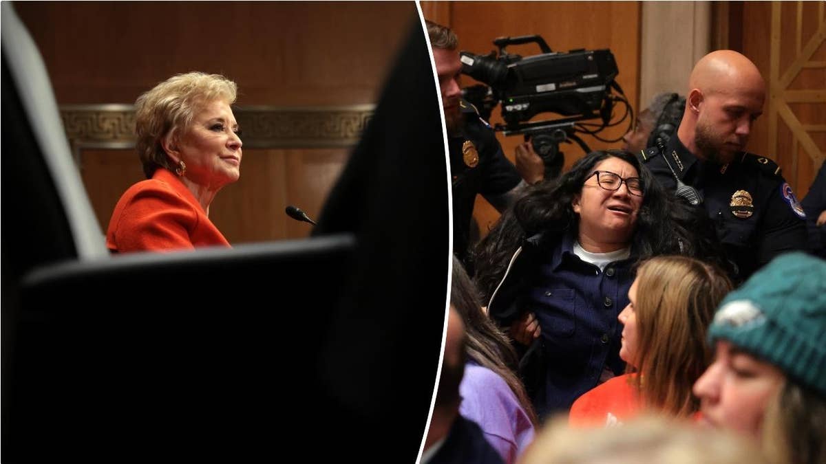 Linda McMahon, left; right: protester at McMahon hearing