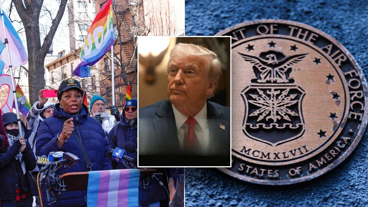 inset: President Trump; left photo: protest; right photo: space force logo