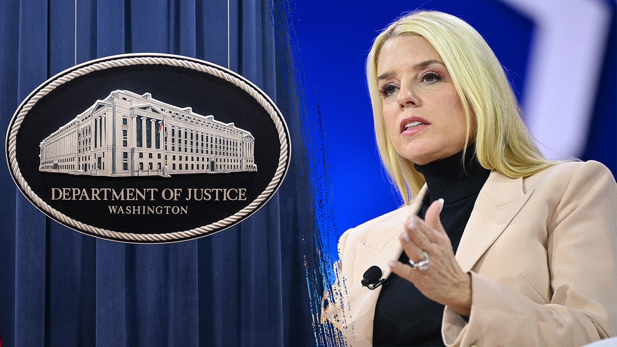 DOJ sign, left; Pam Bondi, right