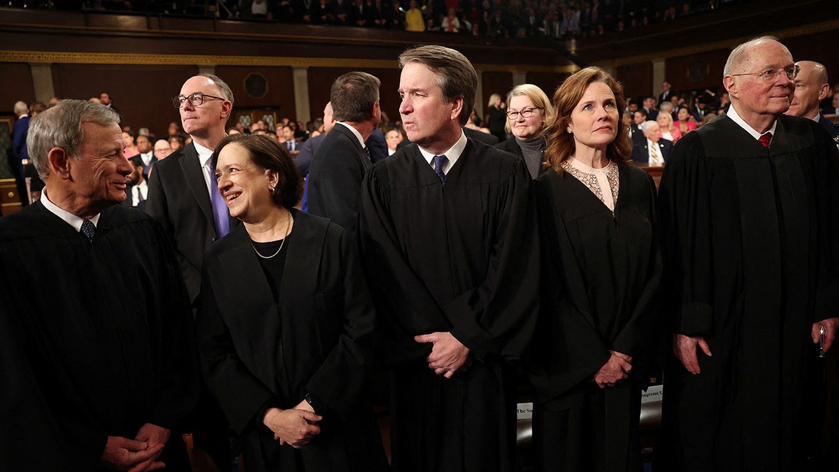 Chief Justice of the Supreme Court John Roberts, Justice Elena Kagan, Justice Brett Kavanaugh, Justice Amy Coney Barrett and retired Justice Anthony Kennedy attend President Donald Trump's address to a joint session of Congress at the U.S. Capitol March 4, 2025, in Washington. (Win McNamee/Pool via Reuters)