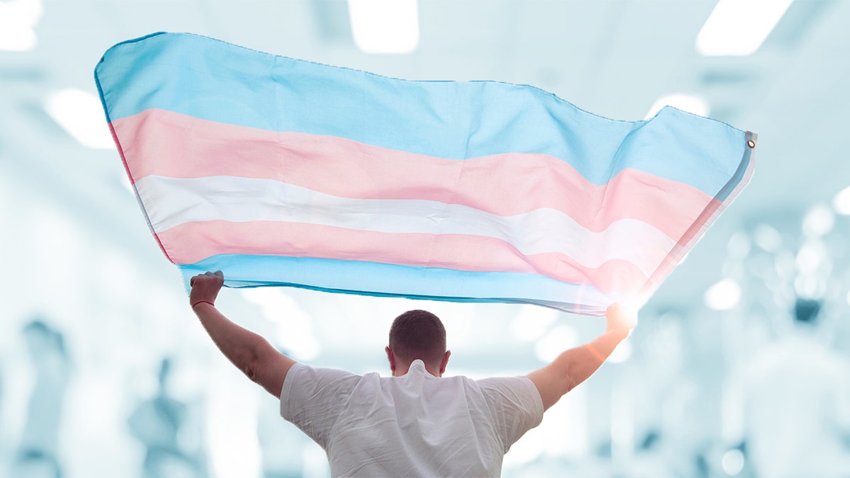 Person holding transgender flag