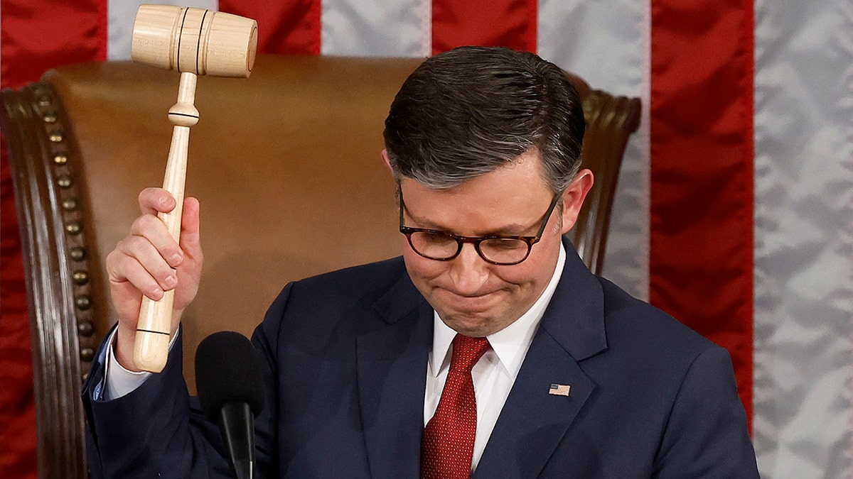 House Speaker Mike Johnson holds up gavel