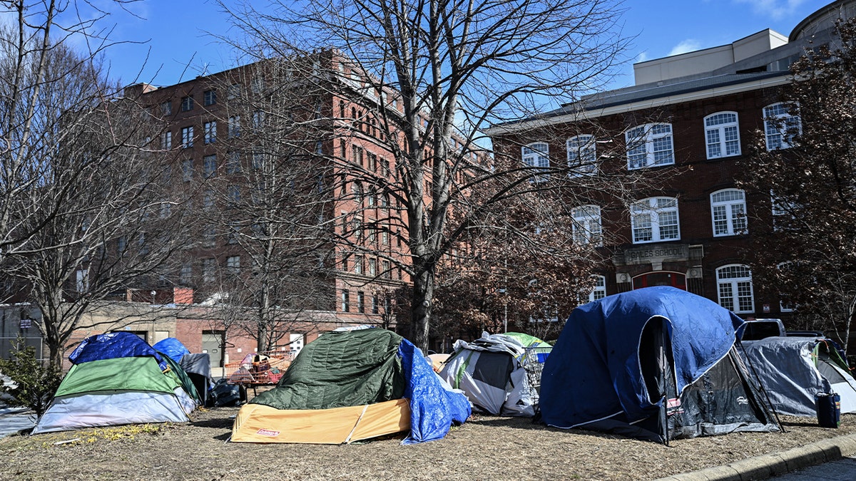 Homeless people live in tents on the sidewalk near the White House in Washington, D.C., on Feb. 20, 2025.