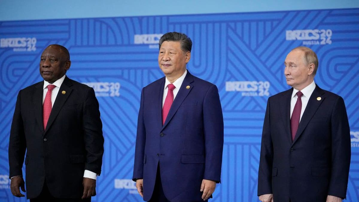 South African President Cyril Ramaphosa, left, Chinese President Xi Jinping and Russian President Vladimir Putin are shown during the BRICS summit on Oct. 23, 2024.