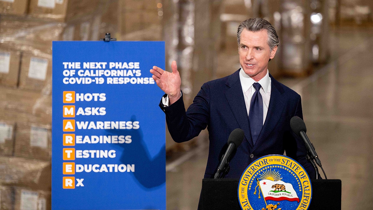 Gov. Gavin Newsom speaks during a press conference in Fontana, Calif., on Feb. 17, 2022.