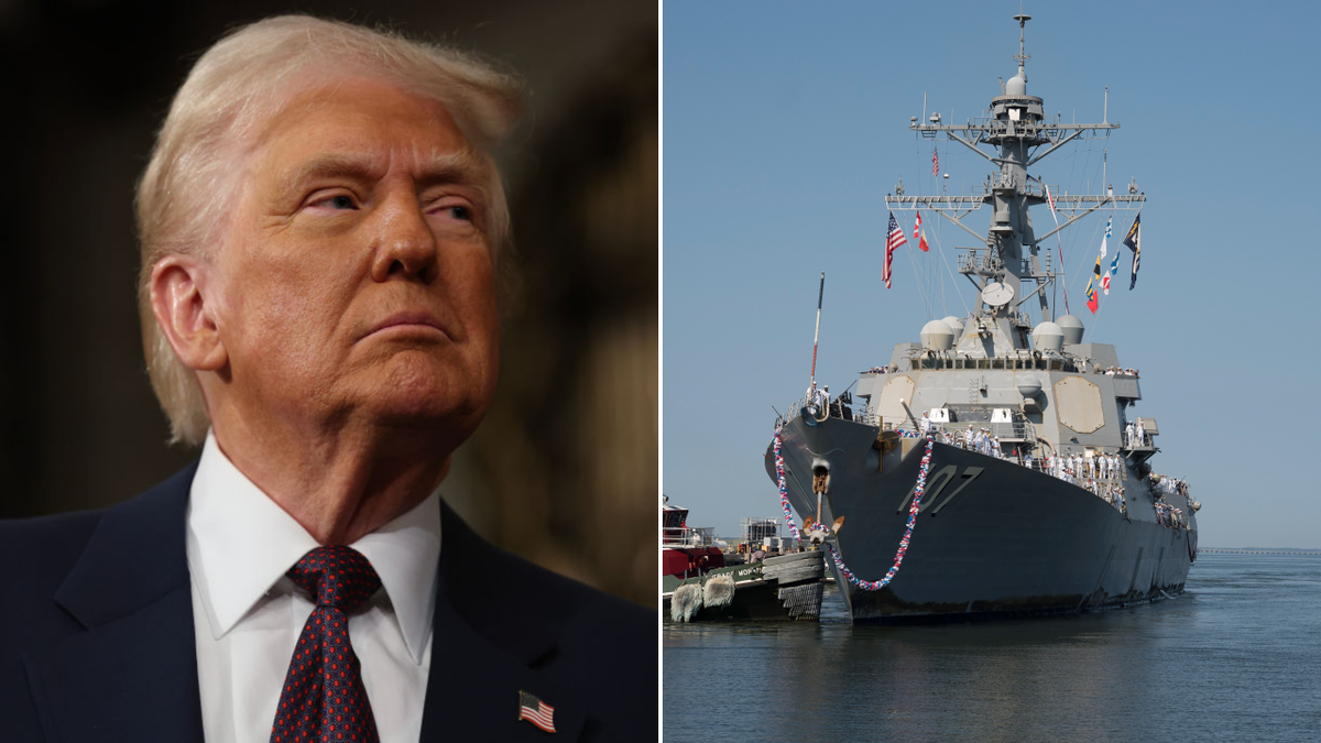 President Trump, left; Navy destroyer, right