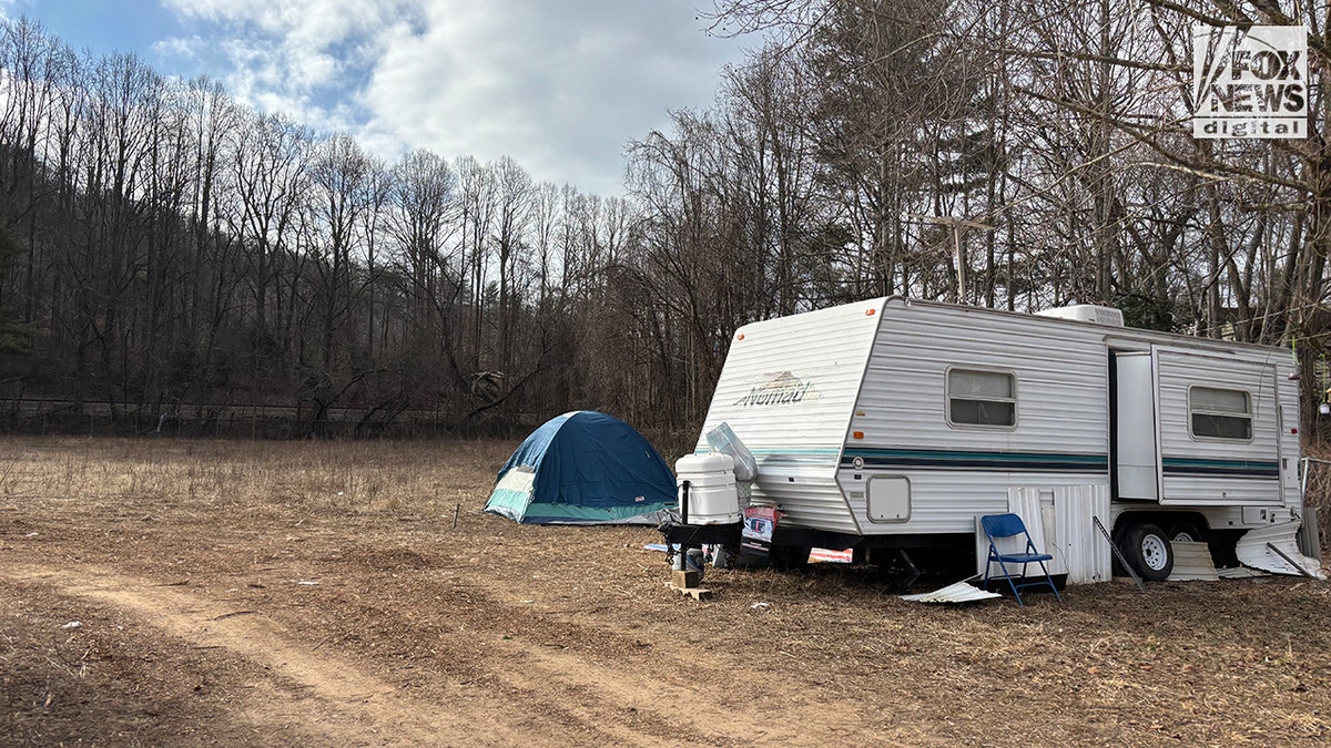 A tent and camper in Swannanoa, North Carolina.