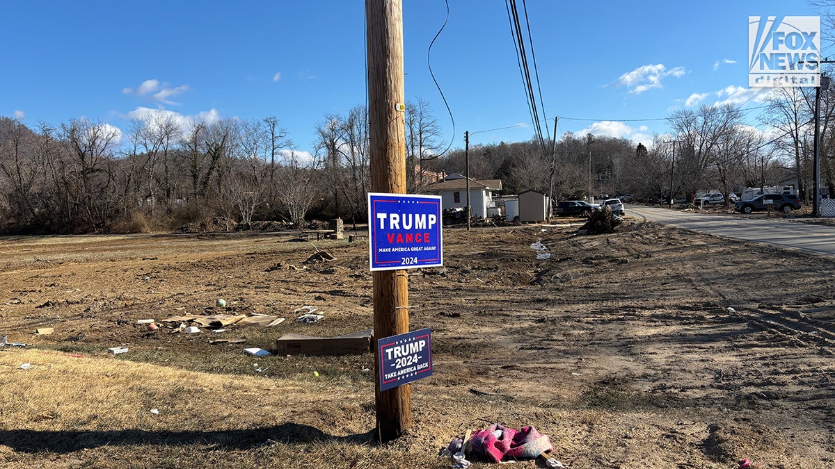 A Trump sign posted to a telephone pole in Swannanoa, North Carolina, on Jan. 24, 2025.