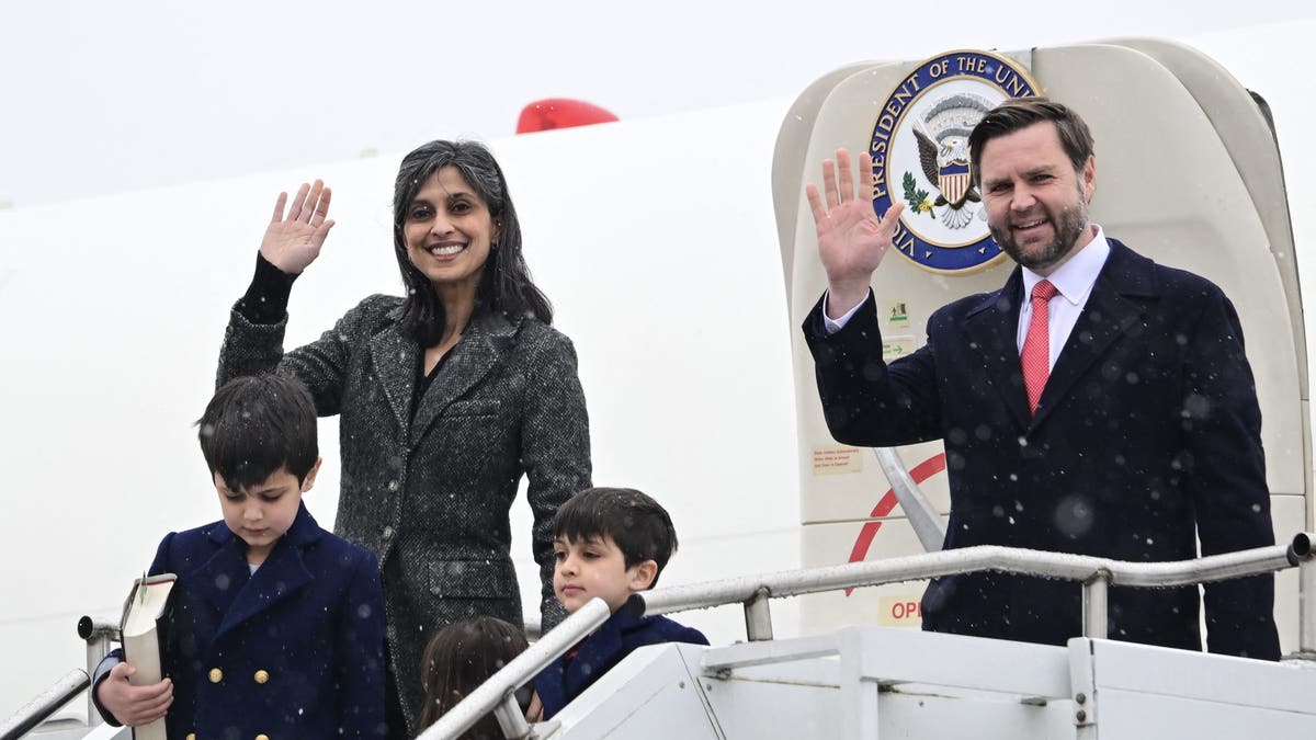 JD Vance, wife Usha and kids exiting plane in Munich