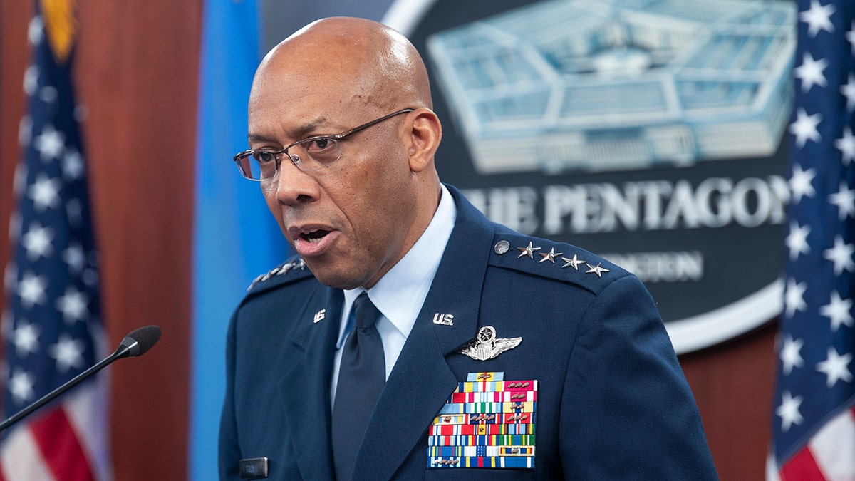 Chairman of the Joint Chiefs of Staff Gen. CQ Brown speaks during a press briefing, April 26, 2024, at the Pentagon in Washington.