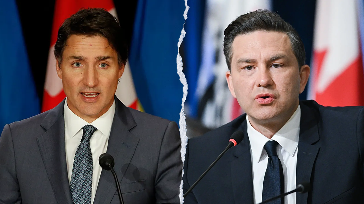 Outgoing Canadian Prime Minister Justin Trudeau  |Photo: David Kawai/Bloomberg via Getty Images.  Canadian opposition leader, Pierre Poilievre, (R)  Photo: Graham Hughes/Bloomberg via Getty Images