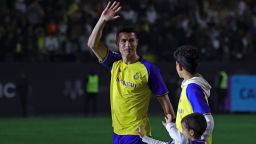 Portuguese forward Cristiano Ronaldo greets the crowd alongside his children at the Mrsool Park Stadium in the Saudi capital Riyadh on January 3, 2023, upon his presentation as an Al-Nassr player. (Photo by Fayez Nureldine / AFP) (Photo by FAYEZ NURELDINE/AFP via Getty Images)