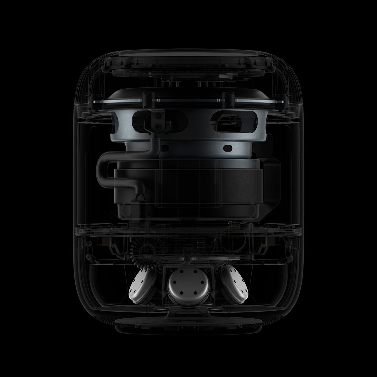 The Apple HomePod speaker in cut-away view