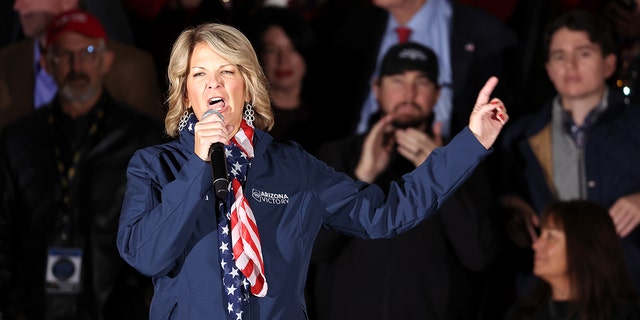 Arizona Republican party chairwoman Kelli Ward speaks during a get out the vote campaign rally on November 07, 2022 in Prescott, Arizona. 