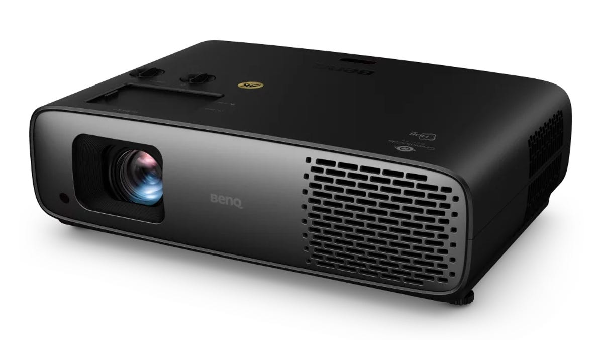 A diagonal angle of the black-on-gray BenQ HT4550i projector.