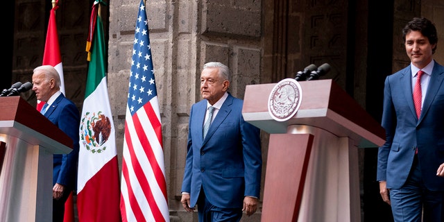 President Joe Biden, Mexican President Andres Manuel Lopez Obrador, and Canadian Prime Minister Justin Trudeau at the 10th North American Leaders' Summit at the National Palace in Mexico City, Tuesday, Jan. 10, 2023. 