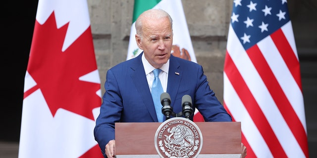 U.S. President Joe Biden speaks during a message for the media as part of the '2023 North American Leaders' Summit at Palacio Nacional on January 10, 2023 in Mexico City, Mexico. 