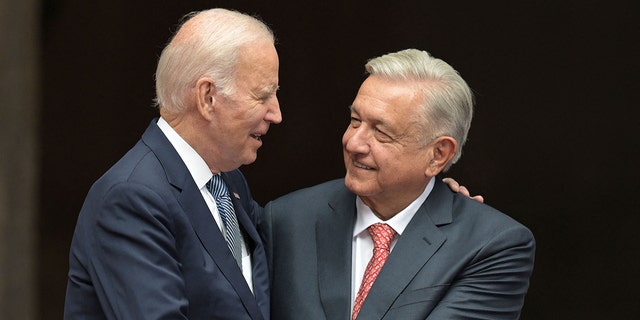 US President Joe Biden shakes hands with his Mexican President Andres Manuel Lopez Obrador during a welcome ceremony at Palacio Nacional (National Palace) in Mexico City, on January 9, 2023. 