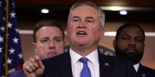 Flanked by House Republicans, Rep. James Comer speaks during a news conference at the U.S. Capitol on Nov. 17, 2022.