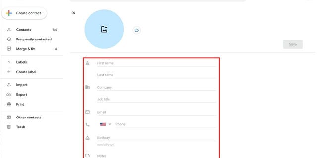 Fill out these boxes when creating a contact in Gmail.