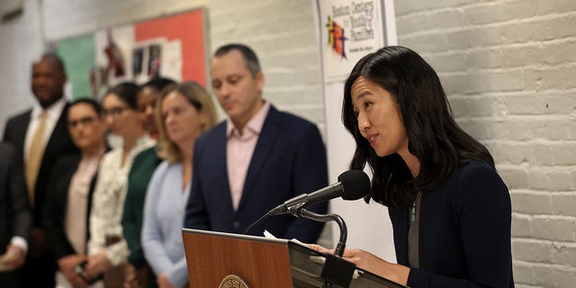 Boston Mayor Michelle Wu at the Nazzaro Community Center announcing renovations to its BCYF North End. 