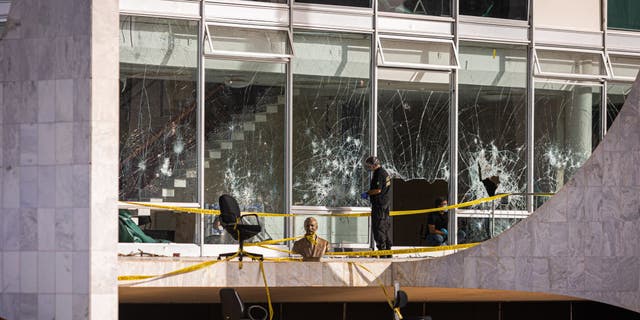 Damage outside the Supreme Federal Court building following attacks on government buildings by supporters of former Brazilian President Jair Bolsonaro in Brasilia, Brazil, on Monday, Jan. 9, 2023. (Arthur Menescal/Bloomberg via Getty Images)