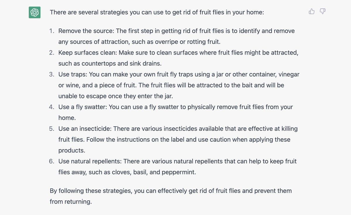 A screenshot of a response from ChatGPT to a question about how to get rid of fruit flies