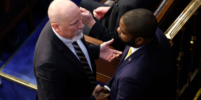 Rep.-elect Chip Roy, R-Texas, talks to Rep.-elect Byron Donalds, R-Fla., in the House Chamber during the second day of elections for Speaker of the House at the U.S. Capitol Building on Jan. 4, 2023, in Washington, D.C.