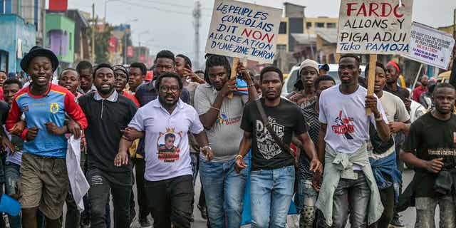 Residents of Goma, Democratic Republic of the Congo, protest on Jan. 18, 2023, against the scheduled arrival of South Sudanese troops set to join Kenyan forces deployed to assist the Congolese army in its fight against M23 rebels. Police fired tear gas at the protestors.