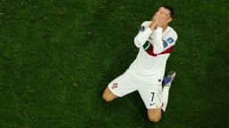 DOHA, QATAR - DECEMBER 10: Cristiano Ronaldo of Portugal reacts after a missed chance during the FIFA World Cup Qatar 2022 quarter final match between Morocco and Portugal at Al Thumama Stadium on December 10, 2022 in Doha, Qatar. (Photo by Patrick Smith - FIFA/FIFA via Getty Images)