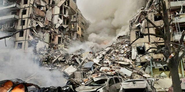 A view shows an apartment building heavily damaged by a Russian missile strike, amid Russia's attack on Ukraine, in Dnipro, Ukraine January 14, 2022. Governor of Dnipropetrovsk region (Valentyn Reznichenko via Telegram/Handout via REUTERS)