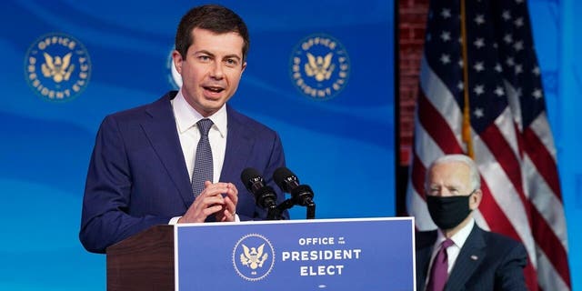 Pete Buttigieg speaks in Delaware in December 2020 after then-President-elect Biden announced he would appoint the former mayor to lead the Department of Transportation.