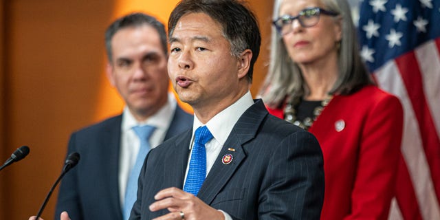 Rep. Ted W. Lieu, D-Calif., speaks during a press conference with incoming House Democratic Leadership at the U.S. Capitol on Dec. 13, 2022, in Washington, D.C.