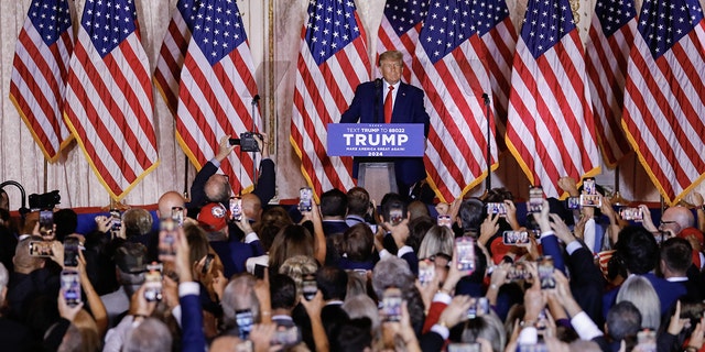 Former President Donald Trump launches his 2024 White House campaign during an announcement at Mar-a-Lago in Palm Beach, Florida, on Nov. 15, 2022.