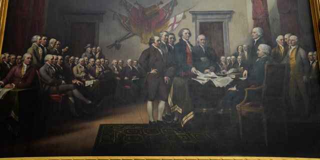 A painting depicting the Declaration of Independence's signing is seen in the U.S. Capitol on Dec. 16, 2022 in Washington, D.C. 