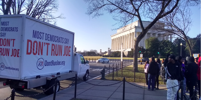 Don't Run Joe mobile billboard near the Lincoln Memorial.