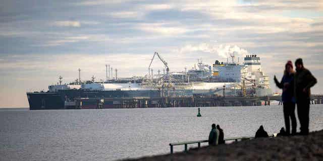 A tanker loaded with liquefied natural gas at a floating terminal in Wilhelmshaven, Germany, on Jan. 3, 2023. The European Union announced that natural gas storage levels stand at 84% despite Russia attempting to cut off the supply.