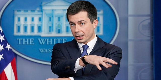 Transportation Secretary Pete Buttigieg speaks during the daily briefing at the White House, Nov. 8, 2021.