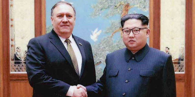 CIA Director Mike Pompeo shakes hands with North Korean leader Kim Jong Un in this undated image in Pyongyang, North Korea. Pompeo spoke with Kim for more than an hour during a secret visit over the Easter weekend in 2018.