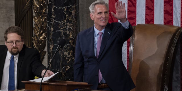 House Speaker Kevin McCarthy, R-Calif., celebrates after taking the oath of office.